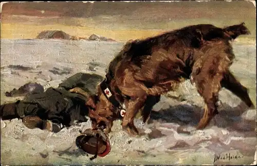 Künstler Ak Heide, Sanitätshund findet einen verletzten Soldaten im Schnee, I. WK