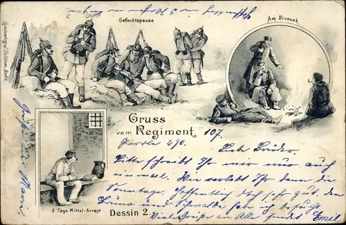 Litho Deutsche Soldaten, Soldatenleben, Regiment, Gefechtspause, 3 Tage Mittel-Arrest