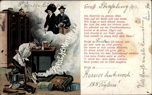 Ak Schlafender deutsche Soldat träumt von seiner Frau, Bier, Waffe