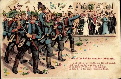Ak Jubelnde deutsche Soldaten, Soldatenliebe, Marsch, Auf auf Ihr Brüder von der Infanterie