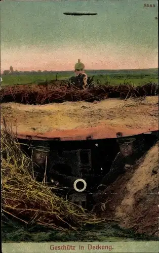 Ak Deutscher Soldat, Geschütz in Deckung, I. WK