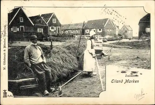 Ak Marken Nordholland Niederlande, Paar in Trachten, Heukahn