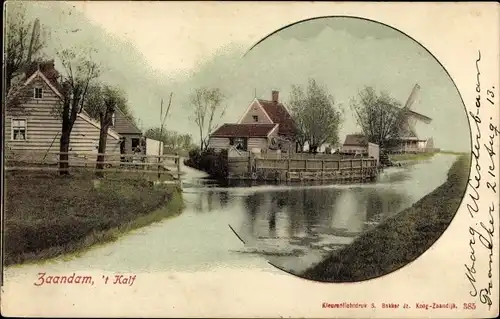 Ak Zaandam Zaanstad Nordholland, 't Kalf, Windmühle, Uferpartie, Häuser