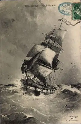 Künstler Ak Dieppe Seine Maritime, En pleine mer, Segelschiff bei Wellengang