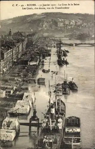 Ak Rouen Seine Maritime, La Crue de la Seine, Les Quais, rive droite, vus du Transbordeur