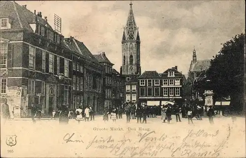 Ak Den Haag Südholland Niederlande, Groote Markt, Platz, Kirchturm