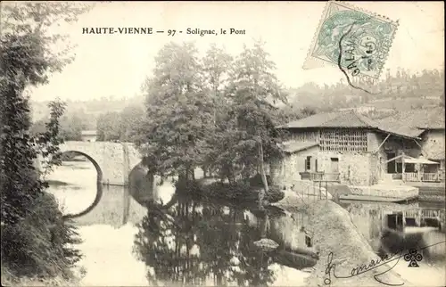Ak Solignac Haute Vienne, le Pont, Brücke, Fluss