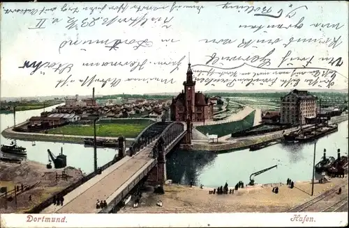 Ak Dortmund im Ruhrgebiet, Blick auf Hafen, Brückenpartie, Panorama