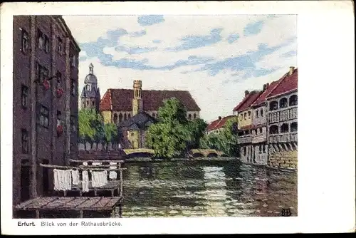 Künstler Ak Erfurt in Thüringen, Blick von der Rathausbrücke, Wäscheleine