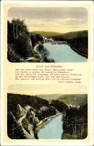 Ak Amerika Penig in Sachsen, Panorama, Muldenbahn, Gedicht von Ernst Scheffler