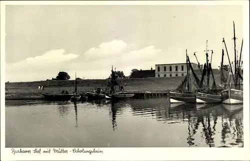 Ak Burhave Butjadingen, Blick zum Mütter Erholungsheim, Haffpartie, Kutter, Fischerboot