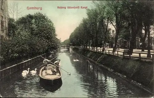 Ak Hamburg Nord Uhlenhorst, Hofweg Uhlenhorst Kanal, Kahn, Schwäne