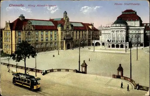 Ak Chemnitz in Sachsen, König Albert Museum, neues Stadttheater, Straßenbahn