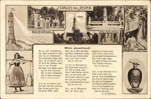 Gedicht Ak Jever in Oldenburg Friesland, Kiebitzbecher, Mein Jeverland, Leuchtturm,Haus der Getreuen