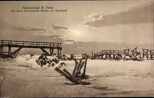 Ak Nordseebad Sankt Peter Ording, die durch Eis zerstörte Brücke zur Sandbank