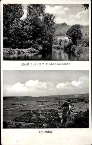 Ak Tauchlitz Crossen an der Weißen Elster Thüringen, Felsenkeller, Wald, Panorama
