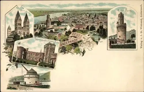 Litho Andernach am Rhein, Dom, Alter Krahnen, Drei Kaiser Turm, Burgruine