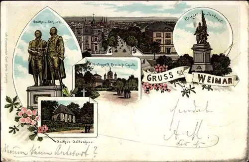 Vorläufer Litho Weimar in Thüringen, Schiller und Goethe Denkmal, Fürstengruft, Russische Kapelle