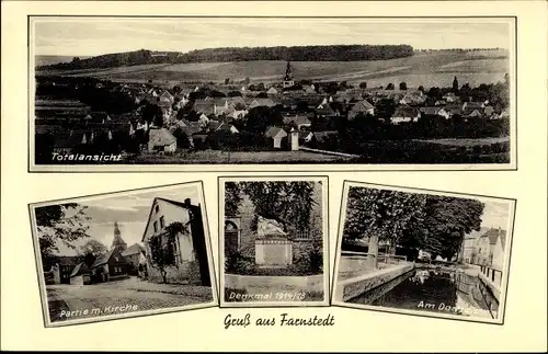 Ak Farnstedt Farnstädt im Saalekreis, Panorama, Kirche, Denkmal, Dorfteich