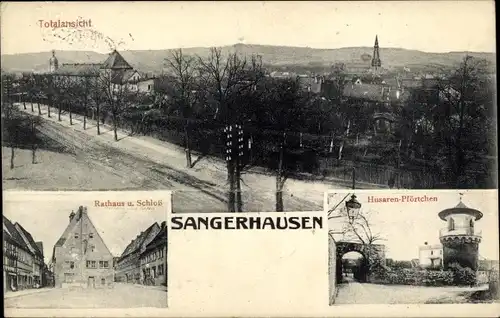 Ak Sangerhausen am Südharz, Gesamtansicht, Rathaus, Schloss, Husarenpförtchen