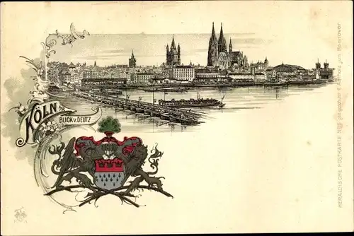 Wappen Litho Köln am Rhein, Blick von Deutz, Kölner Dom, Schiffsbrücke