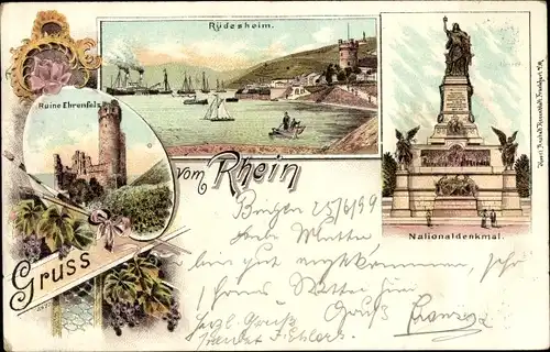 Litho Rüdesheim am Rhein, Nationaldenkmal, Ruine Ehrenfels