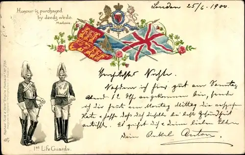 Präge Wappen Litho 1st Life Guards, Britische Soldaten, Honour ist purchased by deeds wedo