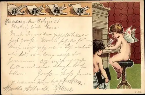 Litho Engel am Schreibtisch, Brief, Tintenfass