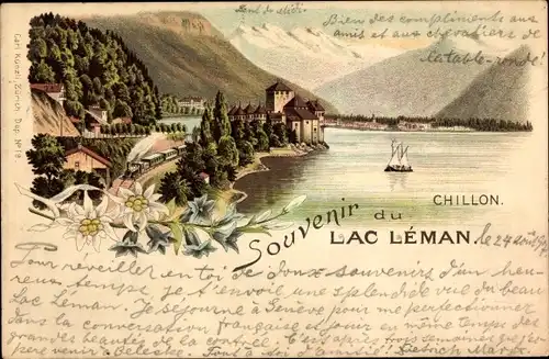 Litho Chillon Lac Léman Kt. Waadt Schweiz, Stadtansicht, Edelweiß, Segelboot