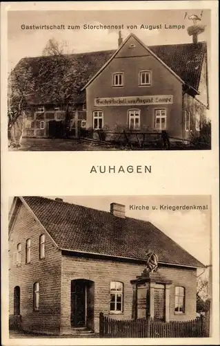 Ak Auhagen in Niedersachsen, Gastwirtschaft zum Storchennest, Kirche, Kriegerdenkmal