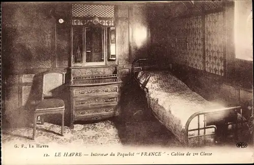 Ak Le Havre, Interieur du Paquebot France, Cabine de 1. Classe, French Line, CGT