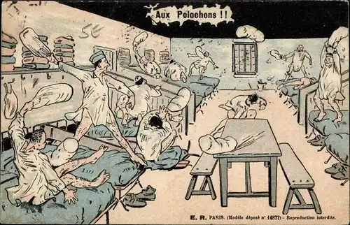 Ak Französische Soldaten, Soldatenleben, Kissenschlacht, Aux Polochons