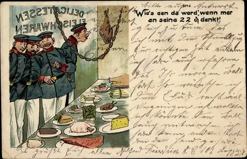 Ak Deutsche Soldaten, Essen auf dem Tisch, Käse, Fleisch, Wie's een da werd' wenn mer...