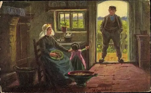 Künstler Ak Gerstenhauer, Johann Georg, Mann kehrt nach Hause zurück, Familie