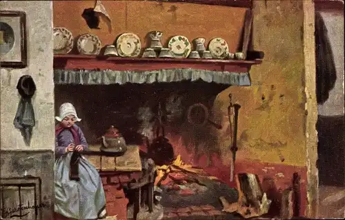Künstler Ak Gerstenhauer, Frau, Stricken, Kaminfeuer