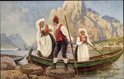 Künstler Ak Gerstenhauer, Johann Georg, Mann und Frauen in norwegischen Volkstrachten