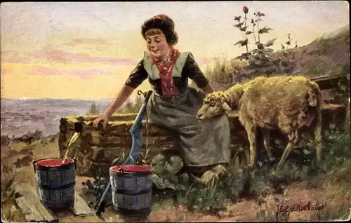 Künstler Ak Gerstenhauer, J. G., Mädchen in niederländischer Tracht, Lamm, Wasserschöpfung