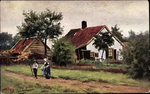Künstler Ak Gerstenhauer, Johann Georg, Landschaft mit Bauernhaus und Bauern