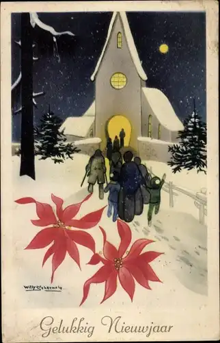 Künstler Ak Schermele, W., Glückwunsch Neujahr, Menschen auf dem Weg zur Kirche