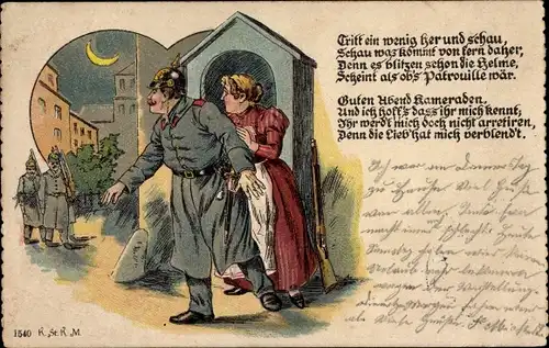 Litho Deutscher Soldat hält Wache, Geliebte Frau, Soldatenliebe, Tritt ein wenig her und schau...