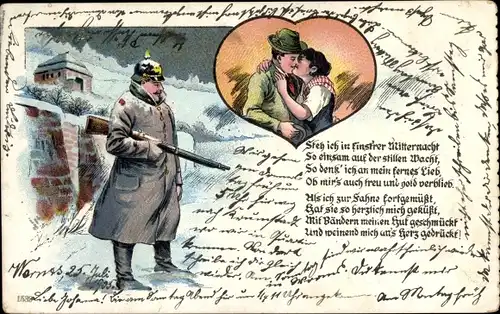 Litho Deutscher Soldat hält Wache und träumt von seiner Frau, I. WK