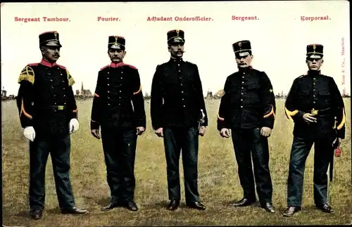 Ak Niederländische Soldaten in Uniformen, Fourier, Sergeant Tambour, Adjudant Onderofficier