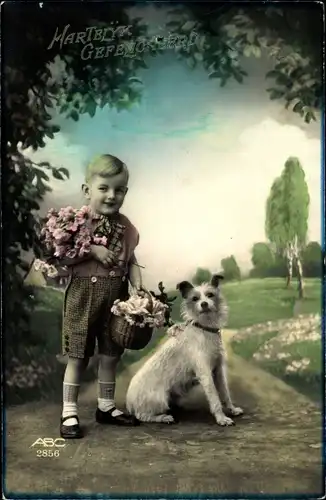 Ak Glückwunsch, Junge mit Blumenstrauß, Weißer Hund