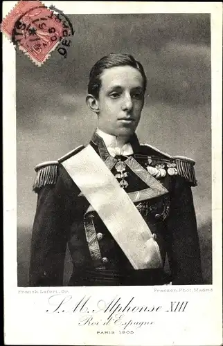 Ak König Alfons XIII. von Spanien, Roi d'Espagne, Uniform, Schärpe, Paris 1905