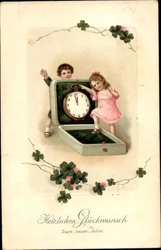 Ak Glückwunsch Neujahr, Kinder, Uhr, Glücksklee
