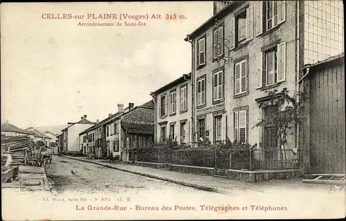 Ak Celles sur Plaine Vosges, La Grande Rue, Bureau des Postes, Telegraphes et Telephones