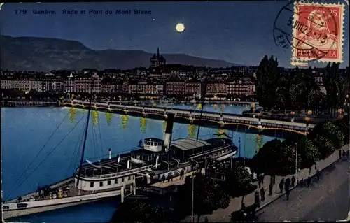Mondschein Ak Genève Genf Schweiz, Rade et Pont du Mont Blanc, Abendstimmung