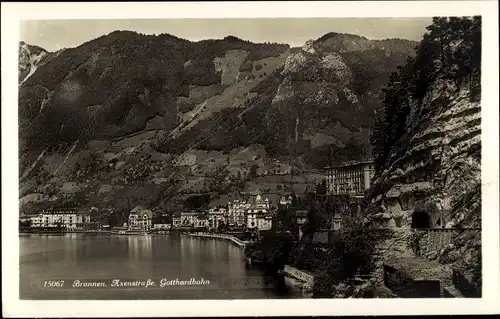 Ak Brunnen Kt Schwyz, Axenstraße, Gotthardbahn, Panorama, See