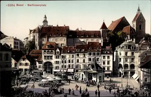 Ak Bâle Basel Stadt Schweiz, Barfüßerplatz, Restaurant, Leckerly, Mercerie, Passanten