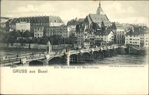 Ak Bâle Basel Stadt Schweiz, Alte Rheinbrücke mit Martinskirche